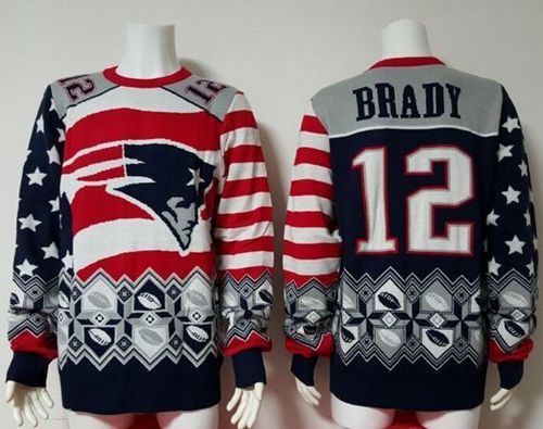 Nike Patriots #12 Tom Brady Red/Navy Blue Men's Ugly Sweater - Click Image to Close